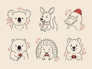 Obraz premium Charming Australian Wildlife Line Art Collection Koala Kangaroo Platypus Wombat Hedgehog Quokka.