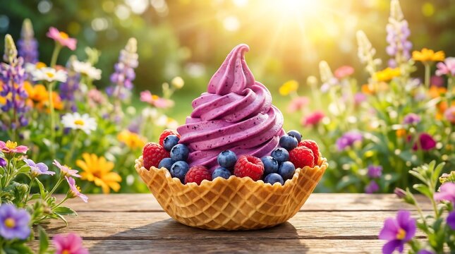 Mixed Berry Frozen Yogurt Swirl with Fresh Fruit Toppings | Healthy July Summer Cold Desserts and Refreshing Sweet Treats
