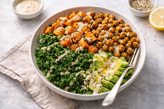 Delicious colorful healthy salad with roasted ingredients and dressing