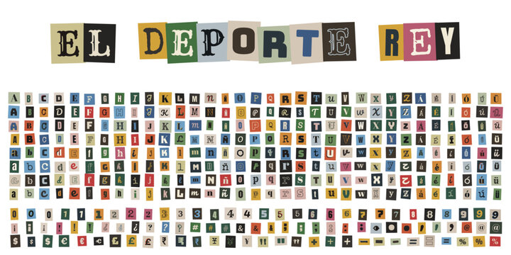 Alfabeto de letras recortadas estilo nota de rescate con frase el deporte rey para dise&ntilde;o creativo