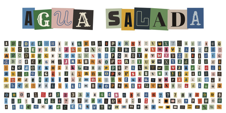 Alfabeto de recortes de revistas estilo nota de rescate anonima agua salada