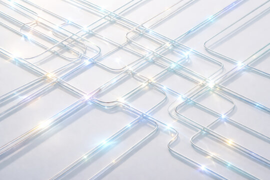 Abstract transparent lines creating a shimmering geometric pattern on white surface