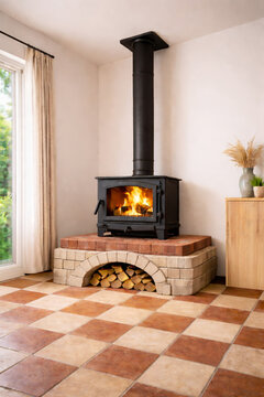 Cozy modern living room with wood-burning stove and decor