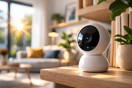 Smart camera on wooden table in modern living room setting