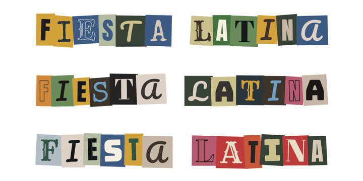 Texto fiesta latina con letras recortadas estilo collage para evento cultural retro