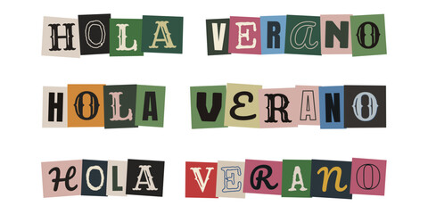 Hola Verano frase en estilo de nota de rescate anonima para diseño creativo © velikiyzayats