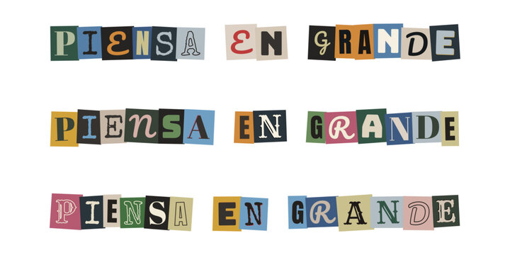 Frase motivadora piensa en grande estilo collage de letras recortadas para inspiracion creativa