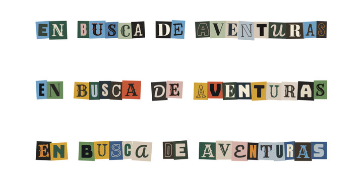 Frase en busca de aventuras con letras de recortes estilo collage para diario de viaje y scrapbooking