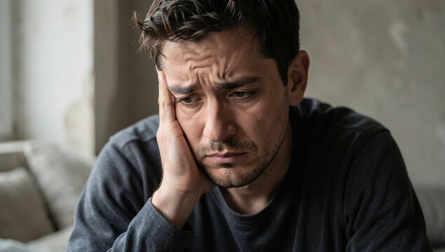 A man sits in a room, deep in thought as he rubs his chin. His gaze is directed downwards and he appears lost in thought. The setting suggests a quiet moment of reflection.