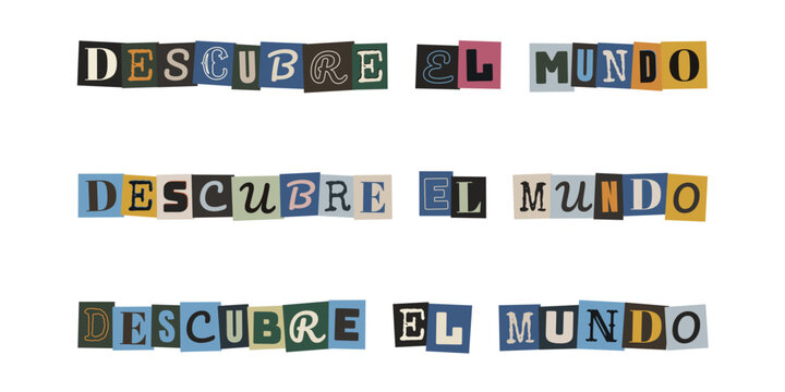 Letras recortadas estilo nota de rescate formando la frase descubre el mundo para diario de viajes