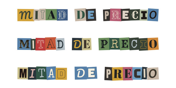 Frase mitad de precio con letras recortadas estilo nota de rescate para rebajas y ofertas
