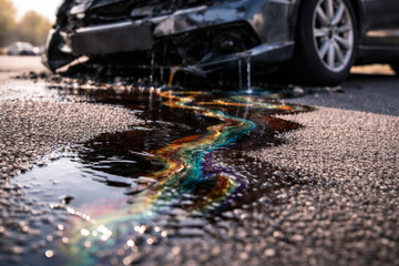 Obraz premium Car leak creating colorful reflection on asphalt surface