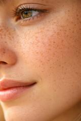 Naklejka premium Close-up of a young woman's freckled face and eye