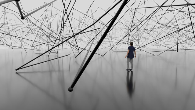 Abstract 3d render of a person standing in a complex network of intersecting lines.