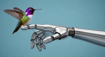 Fototapeta premium Robotic hand with hummingbird, metallic arm, nature technology, innovation concept, futuristic interaction