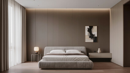 Fototapeta premium Minimalist Bedroom Interior with Neutral Earth Tones and Soft Lighting