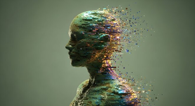 Disintegrating human head, colorful particles exploding, abstract portrait, mental health concept