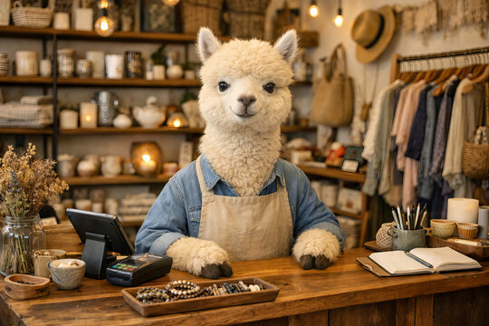 llama in denim jacket and apron as boutique cashier welcoming customers with a smile. concept of whimsical animal character, retail environment, charming decor