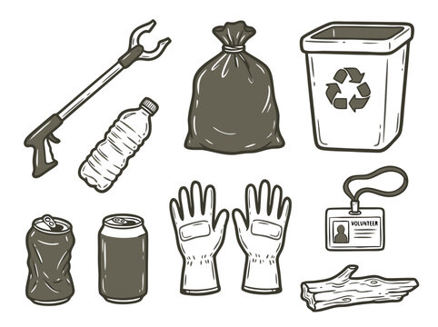 Collection of Litter Cleanup Tools and Items Illustration.