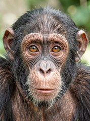 Fototapeta premium A close-up of a monkey looking forward, showcasing its intelligent expression and features such as wrinkles, fur texture, and mouth.