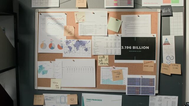 No people close up shot of large corkboard densely covered with business graphs, charts, maps, and text documents in office