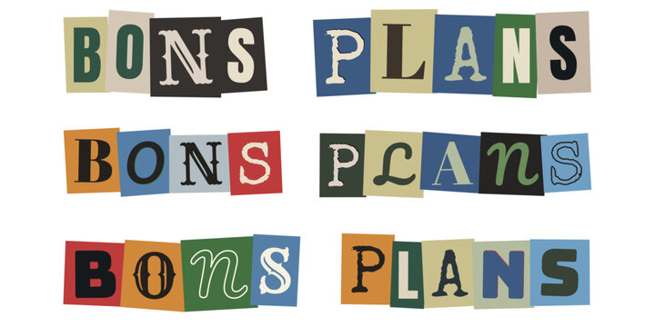 Bons plans &eacute;crit avec des lettres d&eacute;coup&eacute;es style collage pour marketing et astuces budget