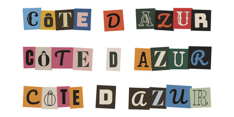 Fototapeta premium Texte de destination estivale en lettres decoupees style collage vintage et message anonyme.