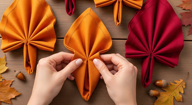 A person skillfully folds colorful napkins on a wooden table surrounded by autumn leaves and acorns.