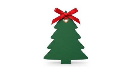 Obraz premium Minimalist green christmas tree with red ribbon on white background
