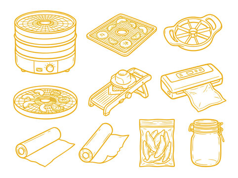 Dehydrating Equipment and Storage Solutions Line Art Illustration.