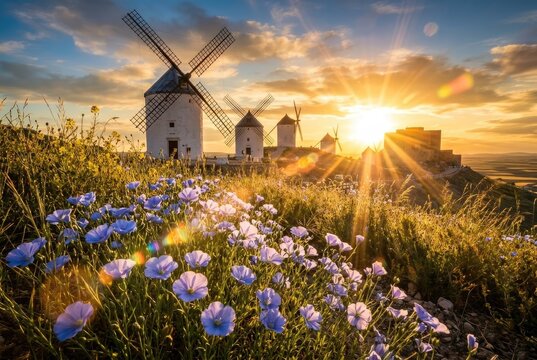 Windmills of Consuegra and Historic Castle at Sunset, Surrounded by Wildflowers on a Hilltop Landscape in Castilla-La Mancha, Spain.