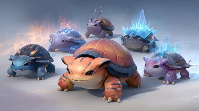 Five small, shelled creatures, stylized as cute turtles,  with various color palettes and elemental effects.  Fire, ice, and neutral tones.  3D render