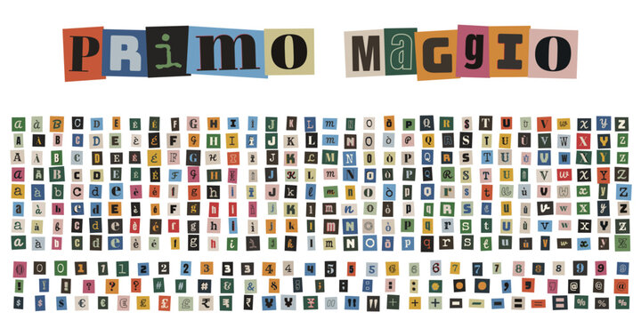 Alfabeto collage stile lettera anonima per festa del lavoro primo maggio con numeri e simboli