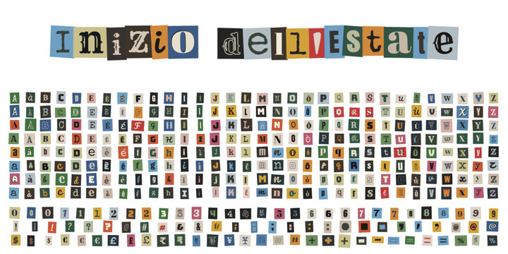 Lettere di giornale ritagliate per riscatto anonimo e collage creativo