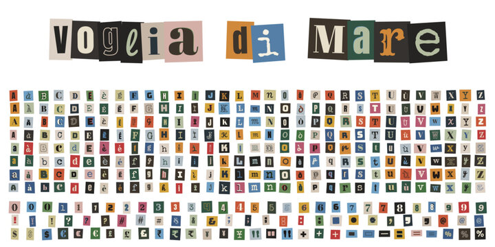 Alfabeto collage stile lettera anonima per scrapbooking estivo e diario di viaggio creativo