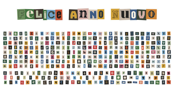 Lettere ritagliate da giornale per biglietto di auguri Felice Anno Nuovo in stile collage