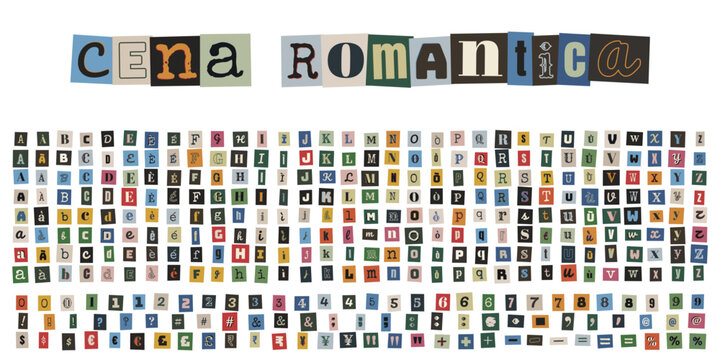 Alfabeto stile lettera di riscatto per cena romantica, lettere ritagliate da giornali, invito creativo