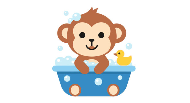 Monkey playing in bathtub with rubber duck.