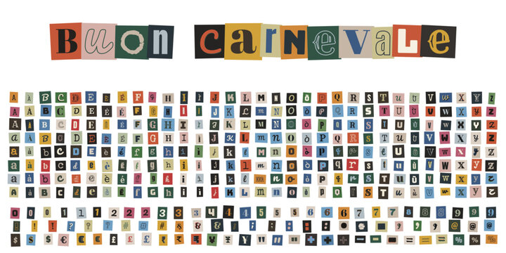 Lettere e numeri ritagliati da giornale per auguri di Buon Carnevale stile collage creativo fai da te