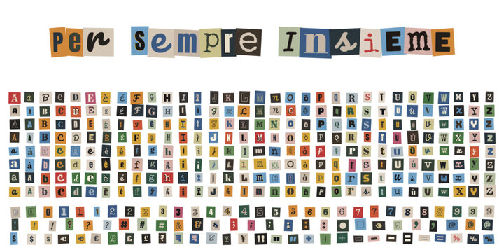 Alfabeto stile lettera anonima con frase per sempre insieme per collage e design