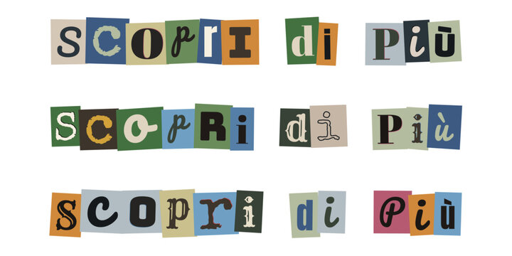 Scritta scopri di piu in stile lettera di riscatto anonima per marketing creativo