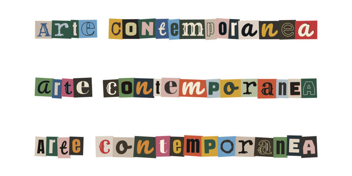 Scritta arte contemporanea stile collage con lettere ritagliate per galleria d'arte underground