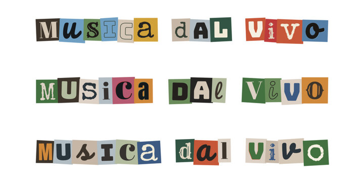 Scritta Musica dal vivo in stile collage di ritagli di giornale per eventi underground e concerti indie