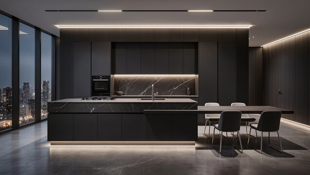 Modern Dark Kitchen Interior with City View