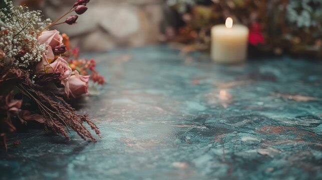 ドライフラワーと灯されたろうそく。暗い質感の表面に広がる追悼と瞑想の空間。コピースペース