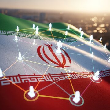 Global Connections and Network Overlay on Iranian Flag.