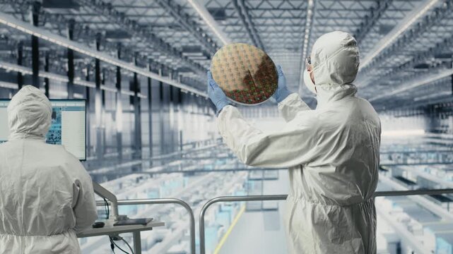 Evaluating silicon wafer prototype, engineering and team analyzing microchip electronic parts. Working together, semiconductor substrate and tech experts developing hardware in smart factory, camera B