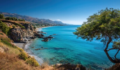 Fototapeta premium Sunny Mediterranean coastline with turquoise waters, rocky cliffs, and a distant village