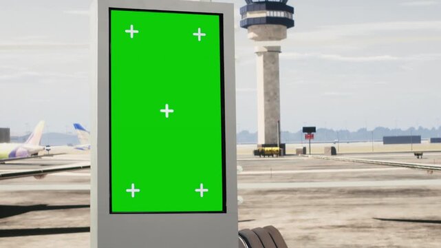 Green screen board in empty airport terminal with runway shown on big windows, terminal exterior and boarding gates for departure. Lounge waiting area with no people, air travel.