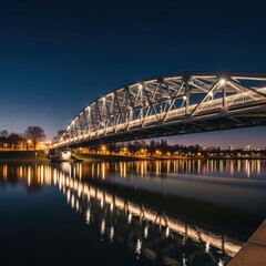 Fototapeta premium Illuminated Bridge Arches Over Calm Water Reflecting City Lights at Night.